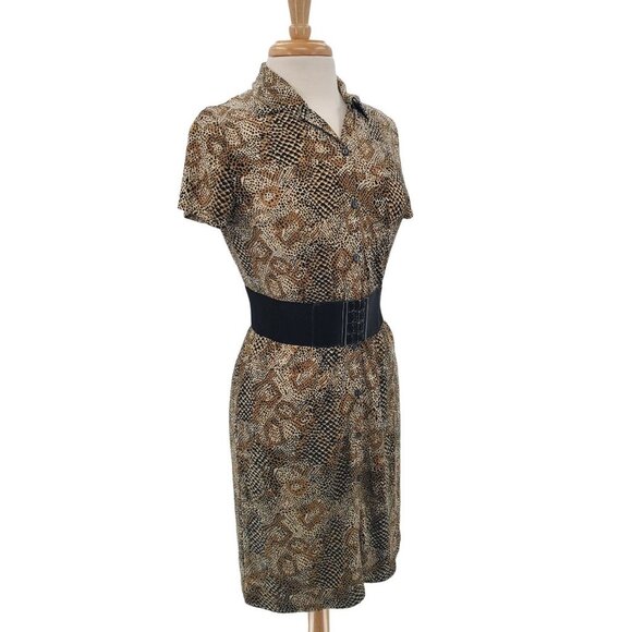 Womens Snakeskin Button Front Bodycon Dress Size 8 Short Sleeve Animal Print - Picture 2 of 11